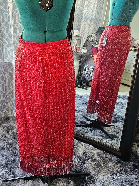 SAYLOR Dresses & Skirts - Saylor Red Sequin Fringe Midi Skirt – Size S NWT
